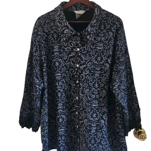 Fresh Produce Tops - Fresh Produce Black White Print Button Front Cotton Beach Top Shirt Size 2X